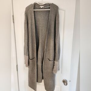 Women's Gray Open-Front Cardigan Sweater Faux Fur Trim Belt Size XL Oversized